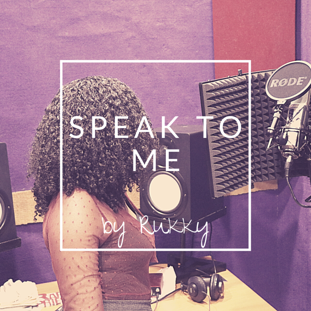Cover of a song, Speak to Me by Rukky, which have a female with curly hair looking at speakers